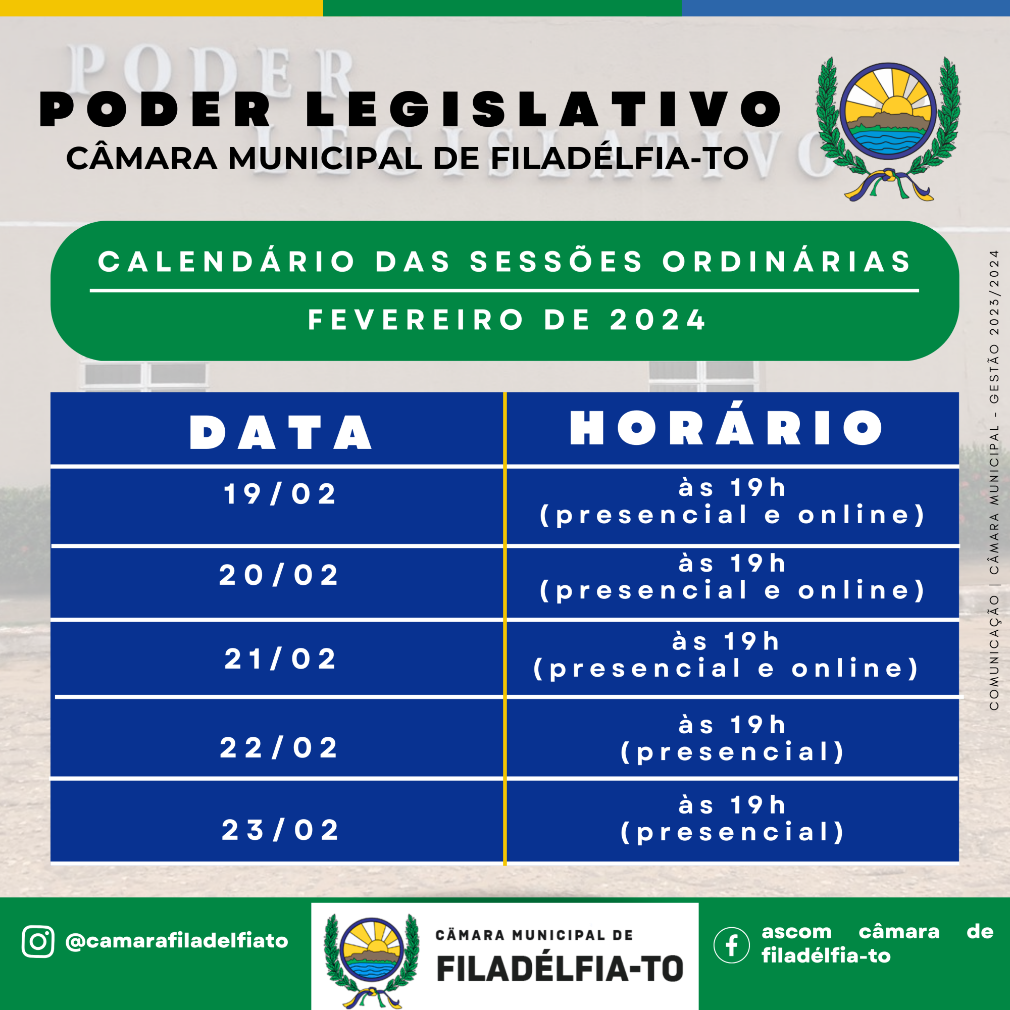 CALENDÁRIO DA SESSÕES ORDINÁRIAS 