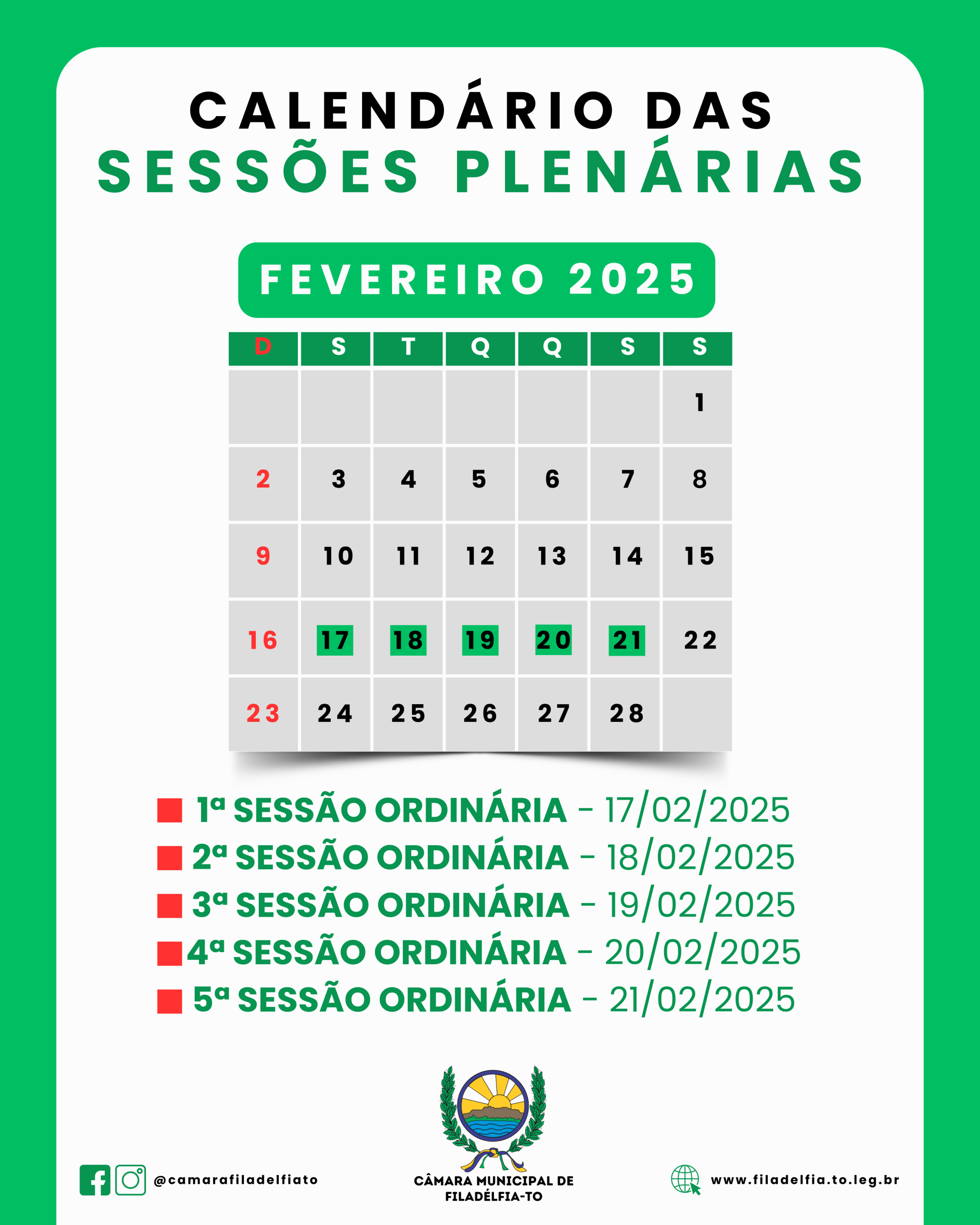 CALENDÁRIO DAS SESSÕES PLENÁRIAS