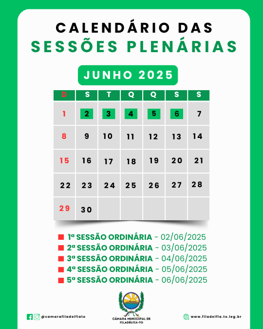 CALENDÁRIO DAS SESSÕES PLENÁRIAS
