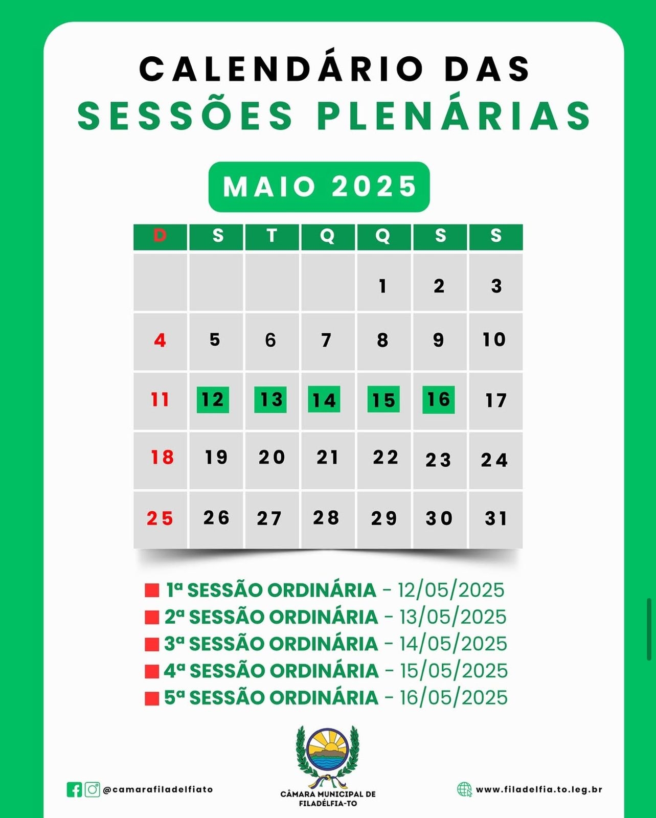 CALENDÁRIO DAS SESSÕES PLENÁRIAS