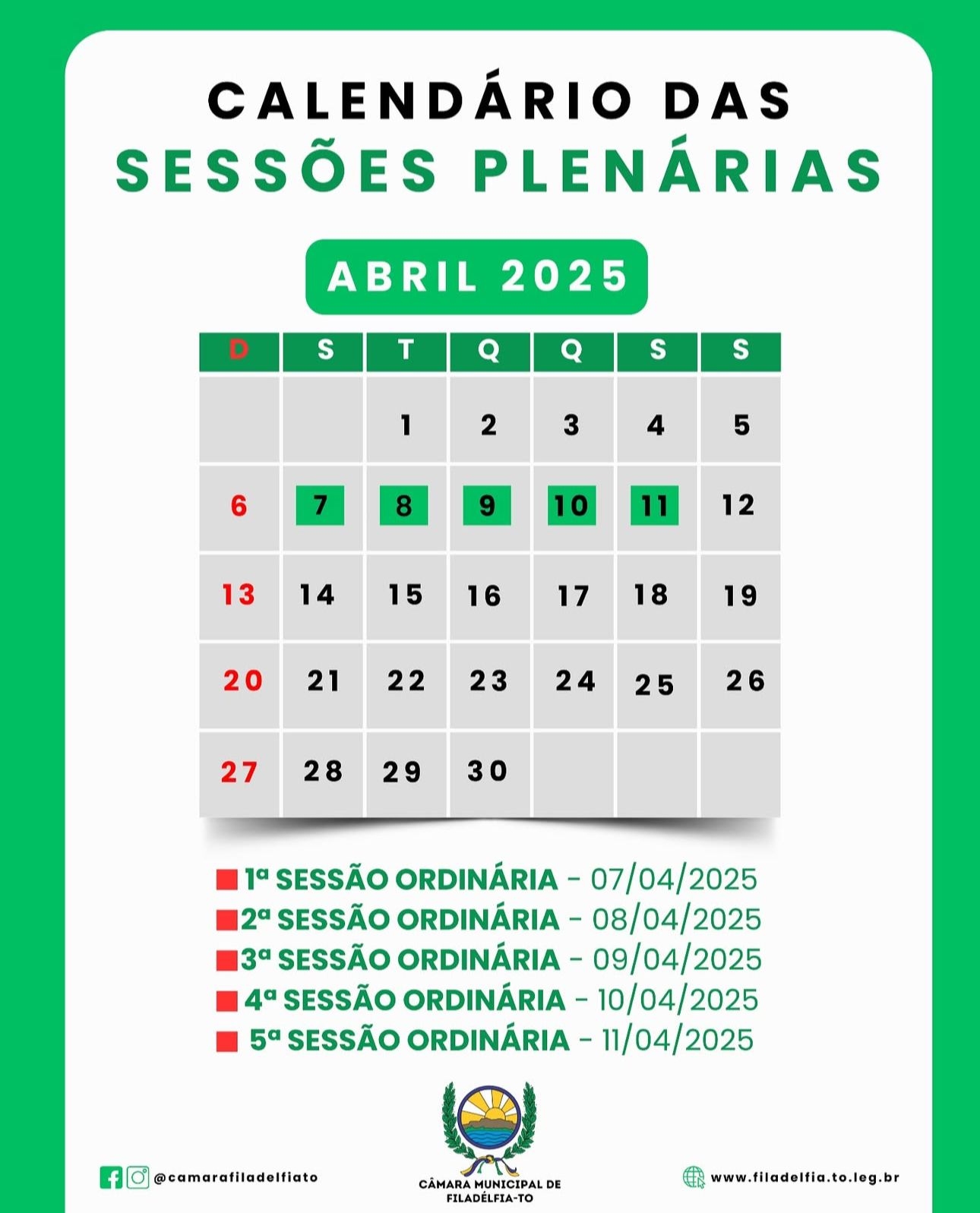Calendário das sessões do mês de Abril de 2025