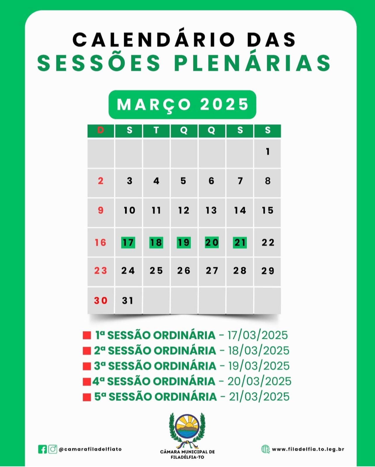 Calendário das sessões do mês de março de 2025